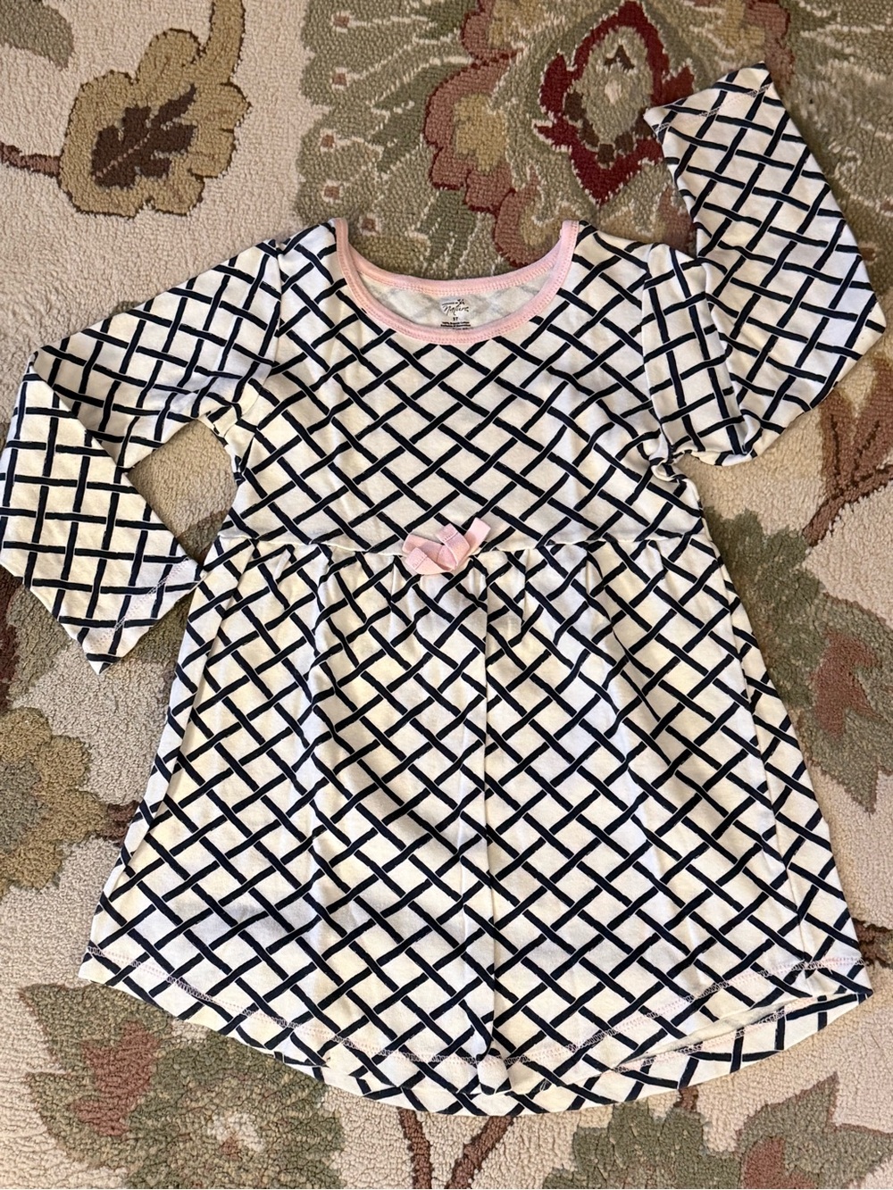 2 Girls Outfits -White Dress w/ Navy Lattice Print & Pink Trim & 2 pc shorts set